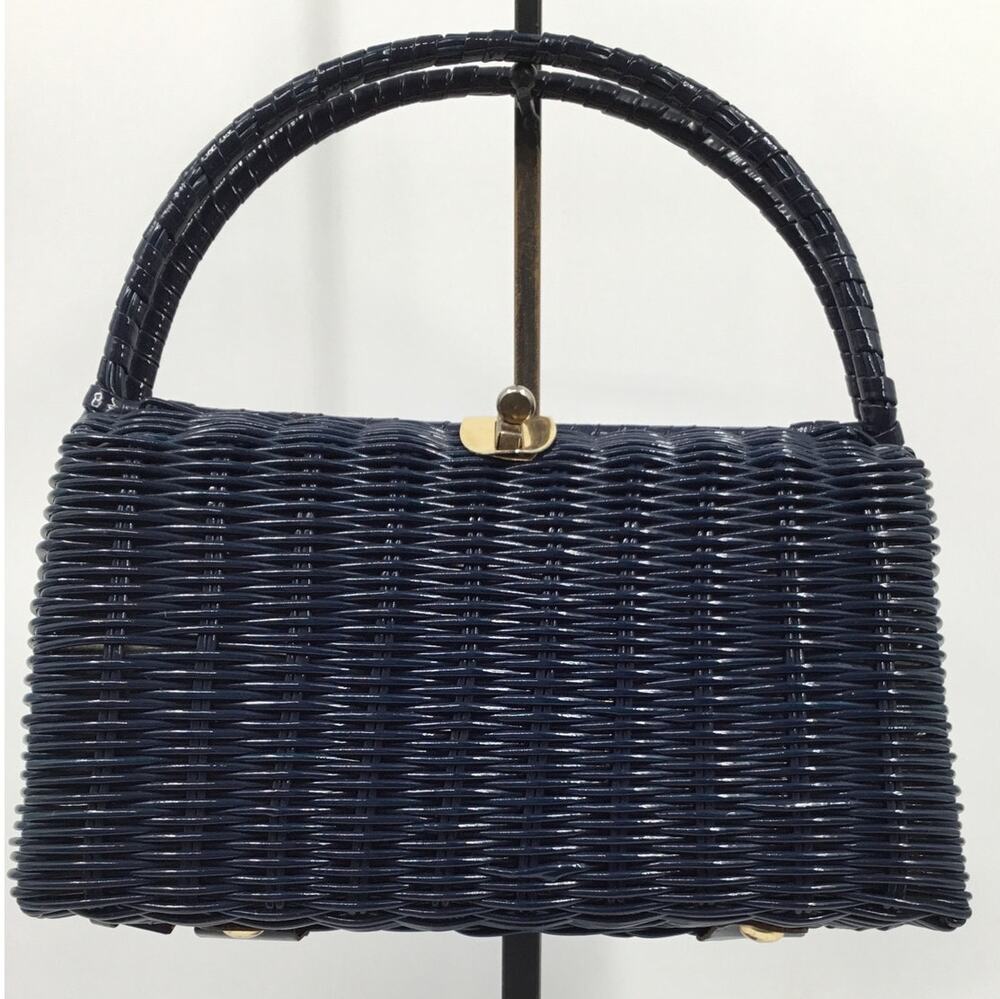 Vintage Lesco Lona Navy Wicker Top Handle Purse Gold Turn Lock
